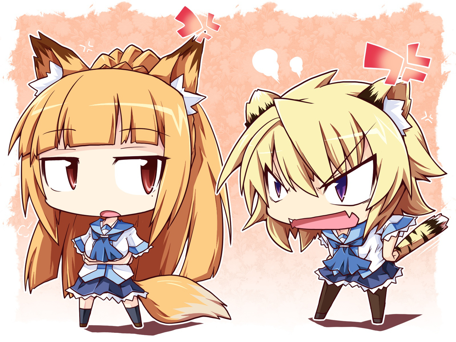 2girls, animal_ears, blonde_hair, brown_hair, byoubu_tetora, chibi, foxgirl, game_cg