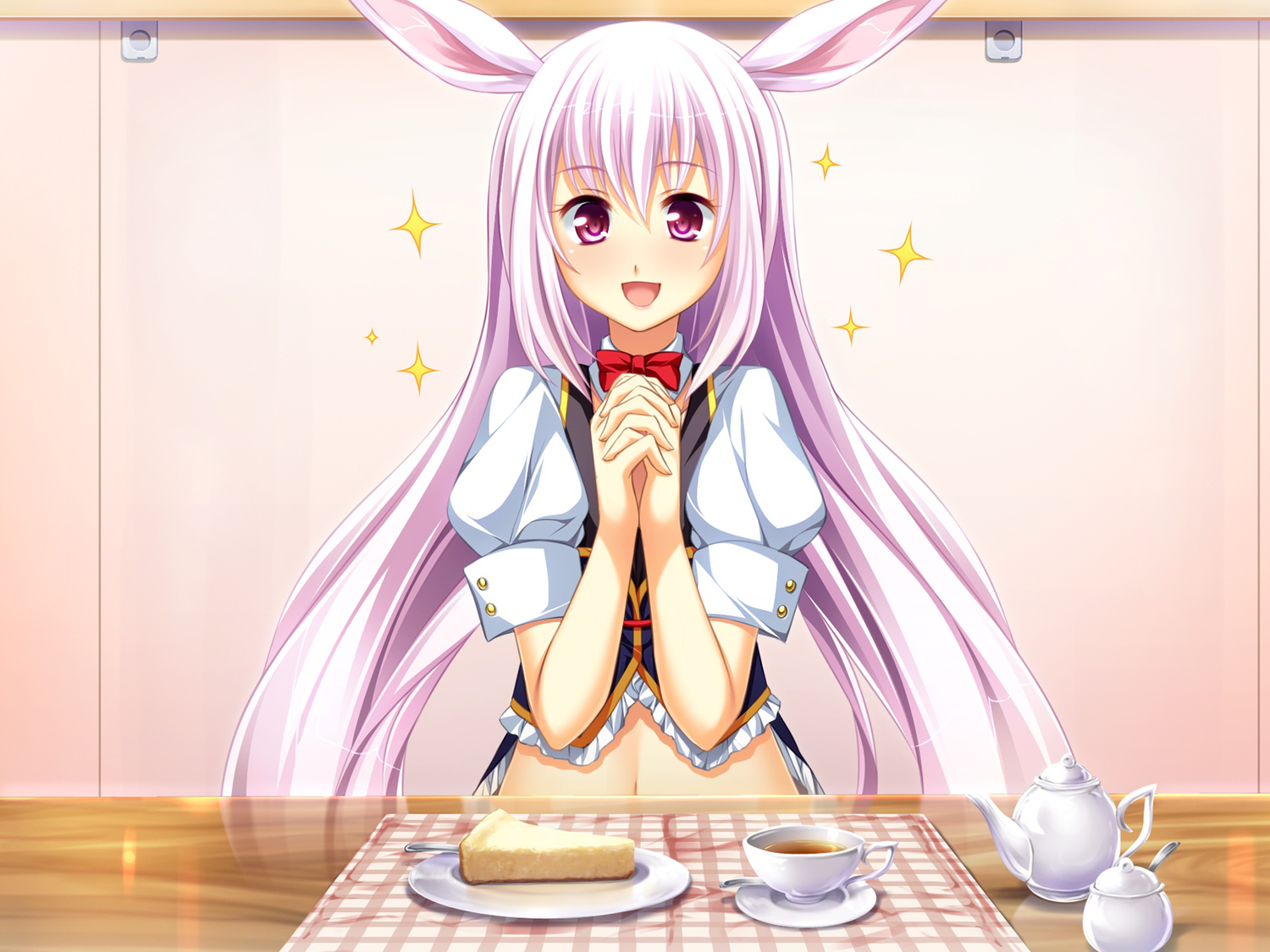 animal_ears, bow, bunny_ears, bunnygirl, drink, food, game_cg, kusahara_hanemi