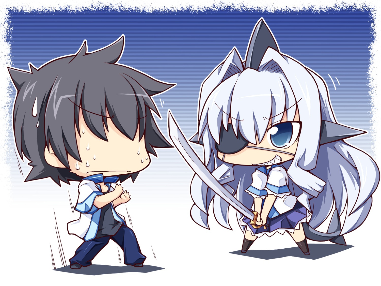 black_hair, blue_eyes, chibi, eyepatch, game_cg, long_hair, male, otomimi_infinity