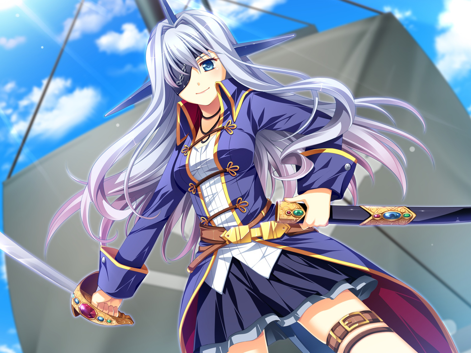 blue_eyes, clouds, eyepatch, game_cg, long_hair, necklace, otomimi_infinity, skirt, sky, sword, tomajiri_sango, weapon, white_hair, yasaka_minato