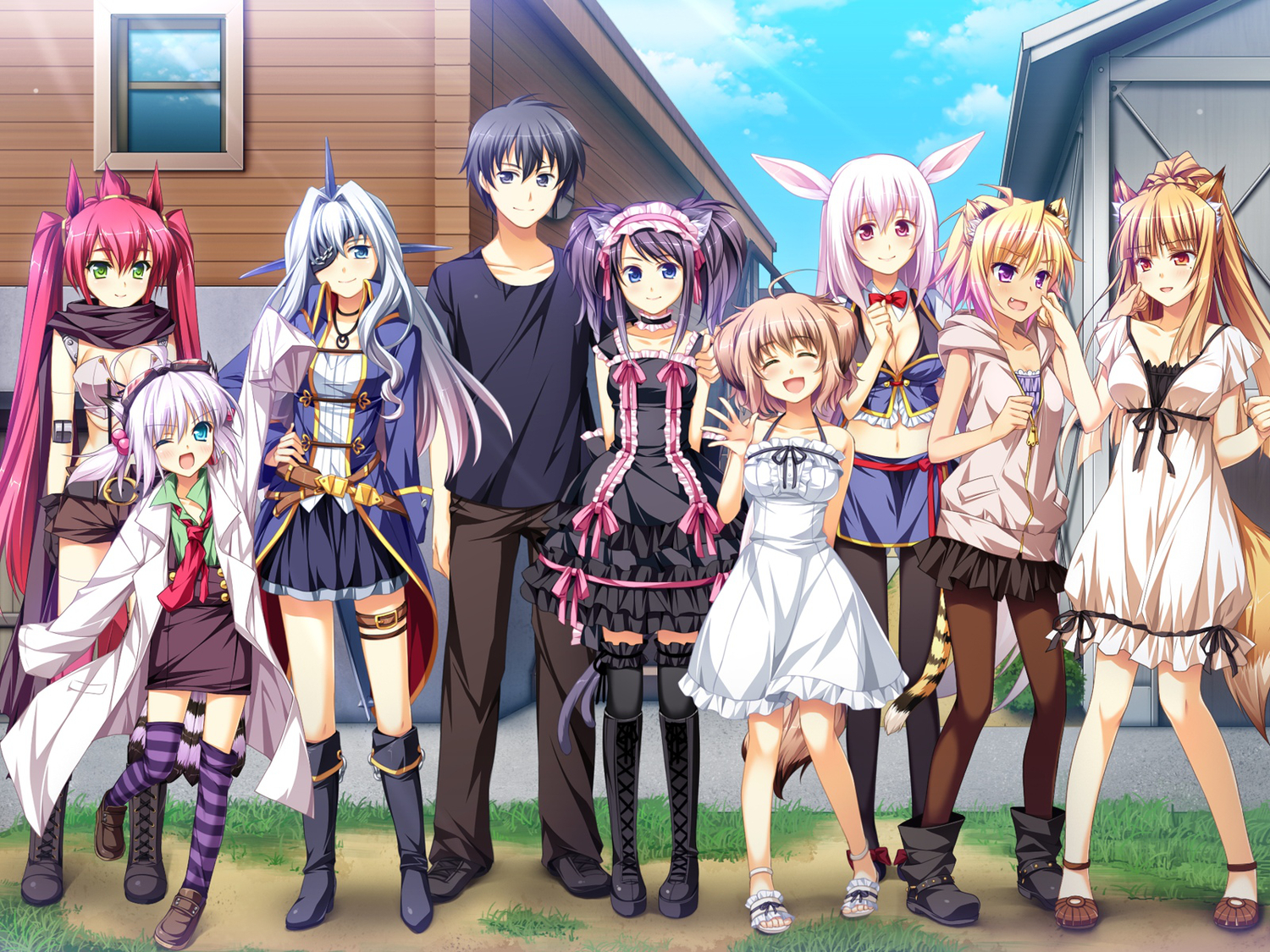 animal_ears, aqua_eyes, black_eyes, black_hair, blonde_hair, blue_eyes, boots, bow, breasts, brown_hair, bunny_ears, bunnygirl, byoubu_tetora, catgirl, cleavage, doggirl, dress, dr.foresuto, eyepatch, foxgirl, game_cg, goggles, goth-loli, green_eyes, group, koya_chachako, kusahara_hanemi, lolita_fashion, long_hair, male, mio_(otomimi_infinity), miyama_kon, otomimi_infinity, pink_eyes, pink_hair, purple_eyes, purple_hair, ribbons, robot, sagawa_yamato, scarf, skirt, suzune_mayoi, tail, tomajiri_sango, wink, yasaka_minato, zettai_ryouiki