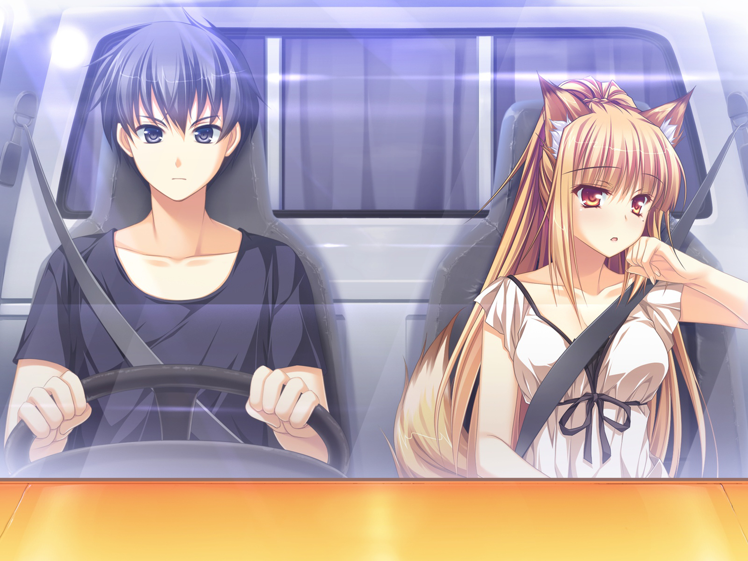 animal_ears, brown_hair, car, foxgirl, game_cg, long_hair, male, miyama_kon