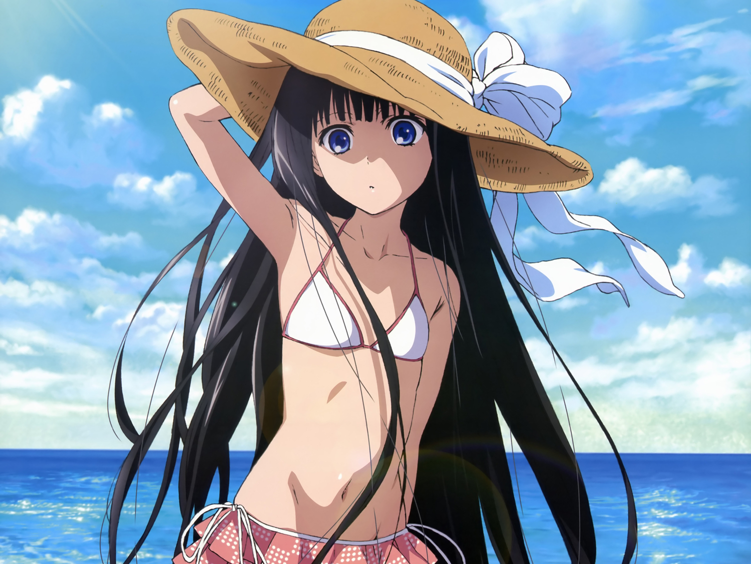 beach, bikini, bikini_top, black_hair, blue_eyes, bow, clouds, hat
