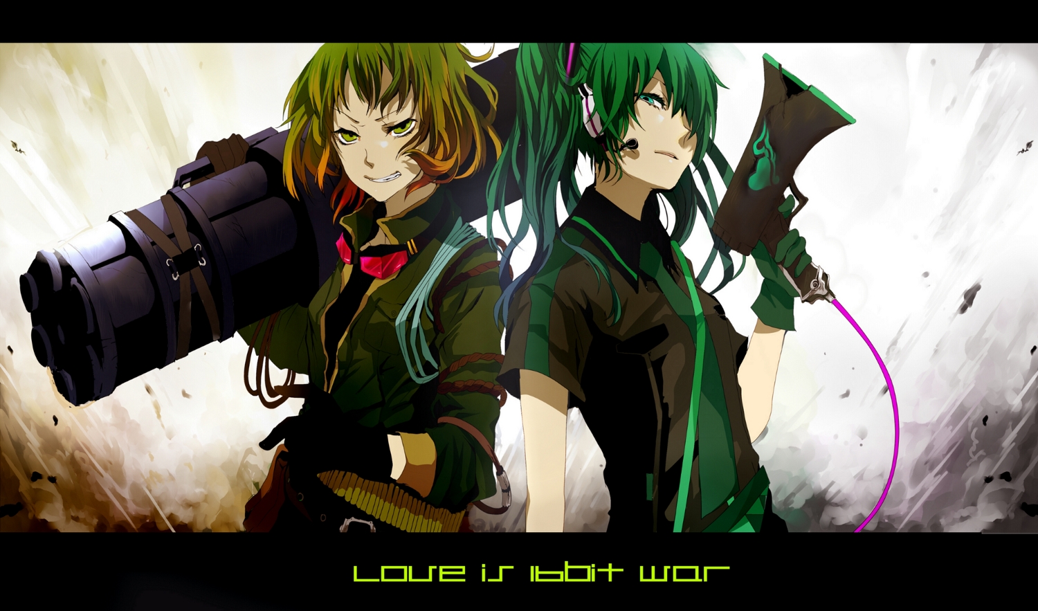2girls, blue_eyes, blue_hair, bokura_no_16bit_warz_(vocaloid), goggles, green_eyes, green_hair, gumi