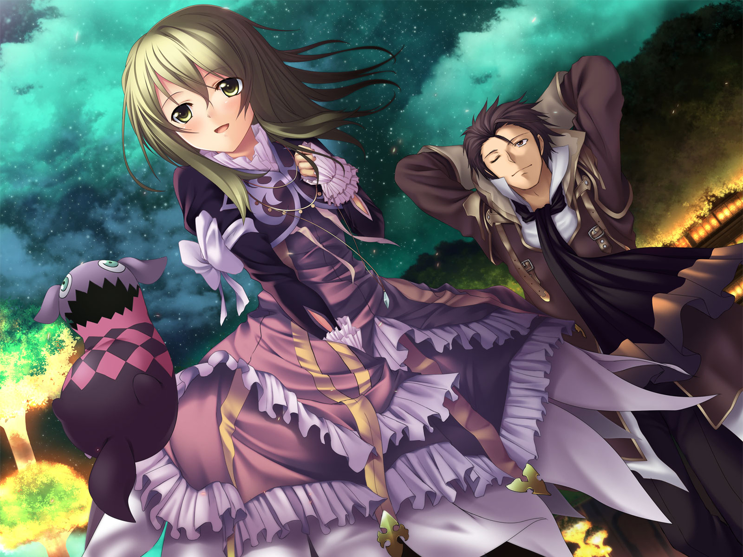 alvin, blonde_hair, brown_hair, clouds, dress, elise_lutas, koikeya, long_hair, short_hair, sky, stars, tales_of_xillia, tippo