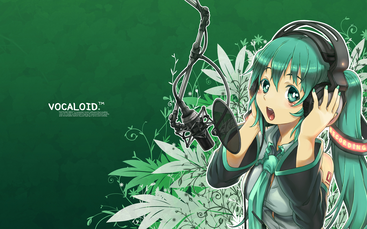 a0, aqua_eyes, aqua_hair, green, hatsune_miku, headphones, long_hair, microphone, tie, twintails, vocaloid