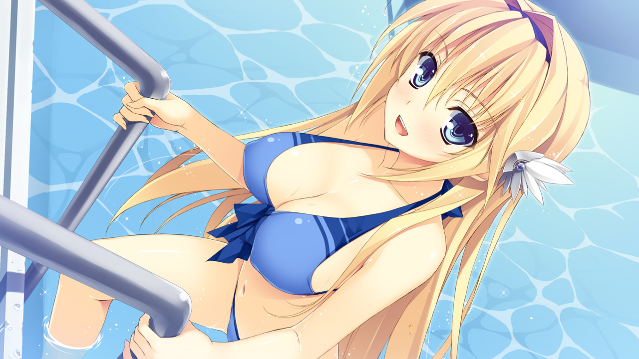 bikini, blonde_hair, breasts, cleavage, elcia_harvence, game_cg, koikishi_purely_kiss, long_hair, pool, swimsuit, yuuki_hagure