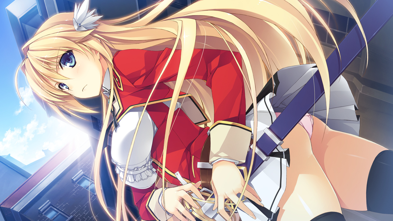 blonde_hair, blue_eyes, elcia_harvence, game_cg, koikishi_purely_kiss, long_hair, panties, school_uniform