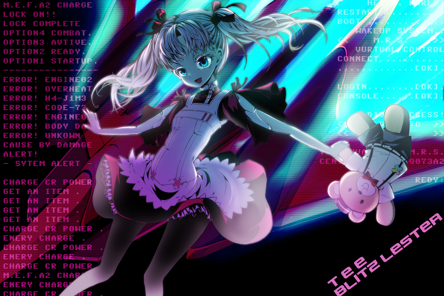 beshi, blue_eyes, loli, robot, teddy_bear, white_hair