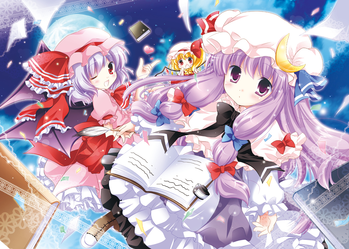 book, flandre_scarlet, heart, patchouli_knowledge, remilia_scarlet, touhou, vampire, white-brown