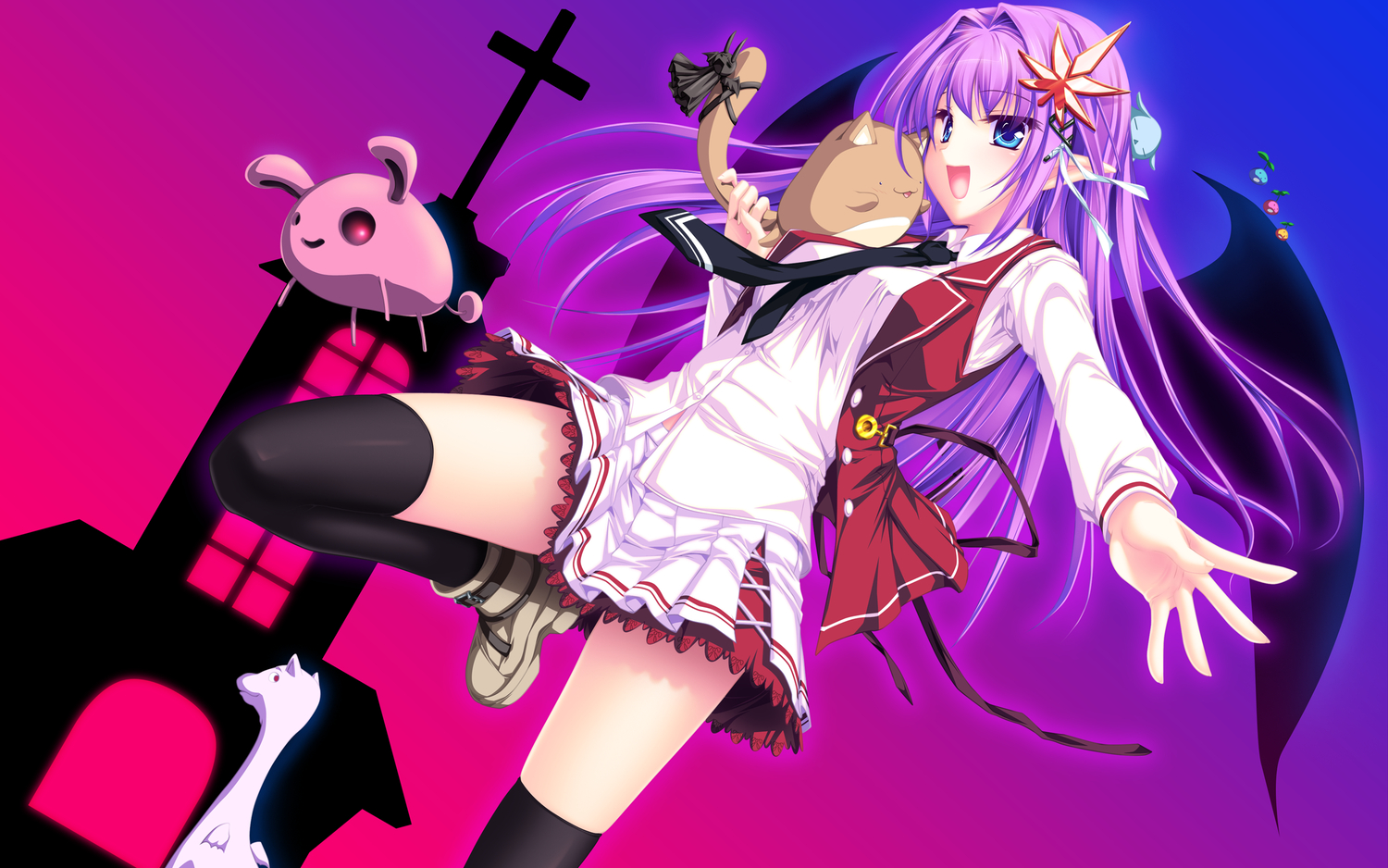 blue_eyes, kureha_(maikaze_no_melt), maikaze_no_melt, pointed_ears, purple_hair, school_uniform, tenmaso, whirlpool