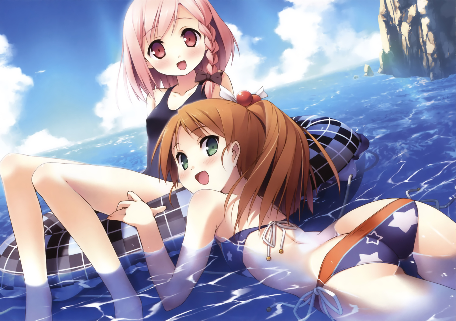 2girls, beach, bikini, cube, green_eyes, kantoku, minagawa_yuuhi, orange_hair