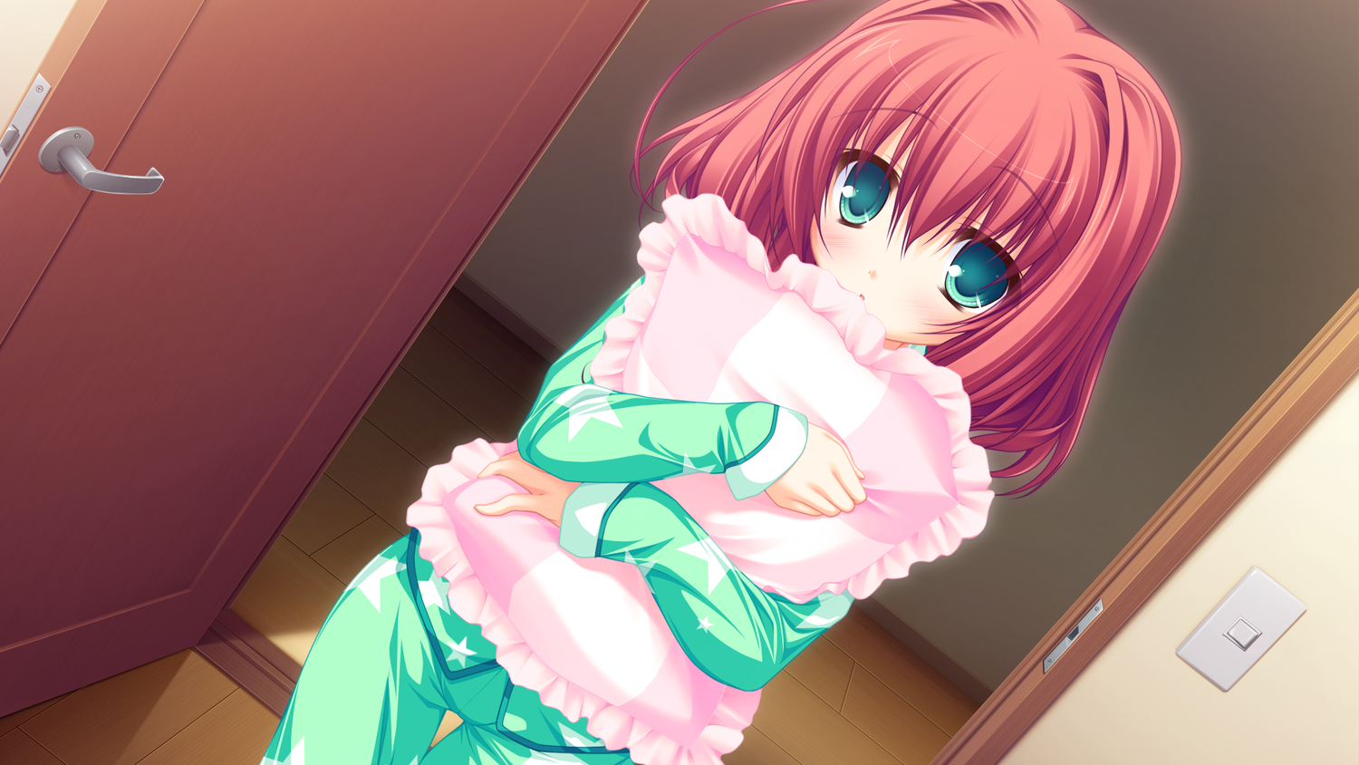 game_cg, green_eyes, hayami_mai, lunaris_filia, mikagami_mamizu, pajamas, red_hair, whirlpool