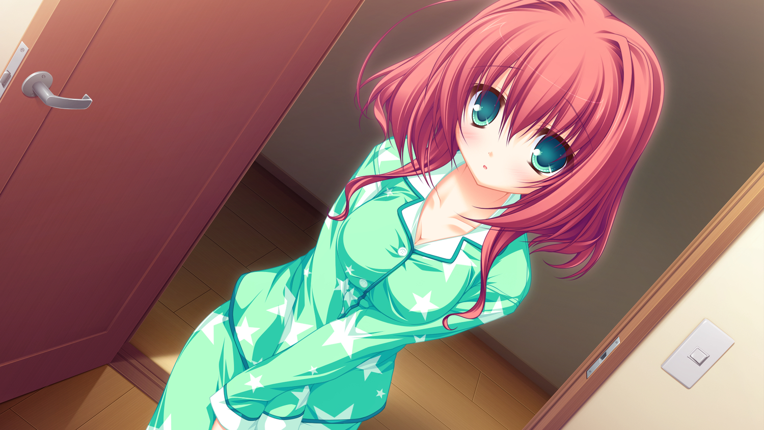 game_cg, green_eyes, hayami_mai, lunaris_filia, mikagami_mamizu, pajamas, red_hair, whirlpool