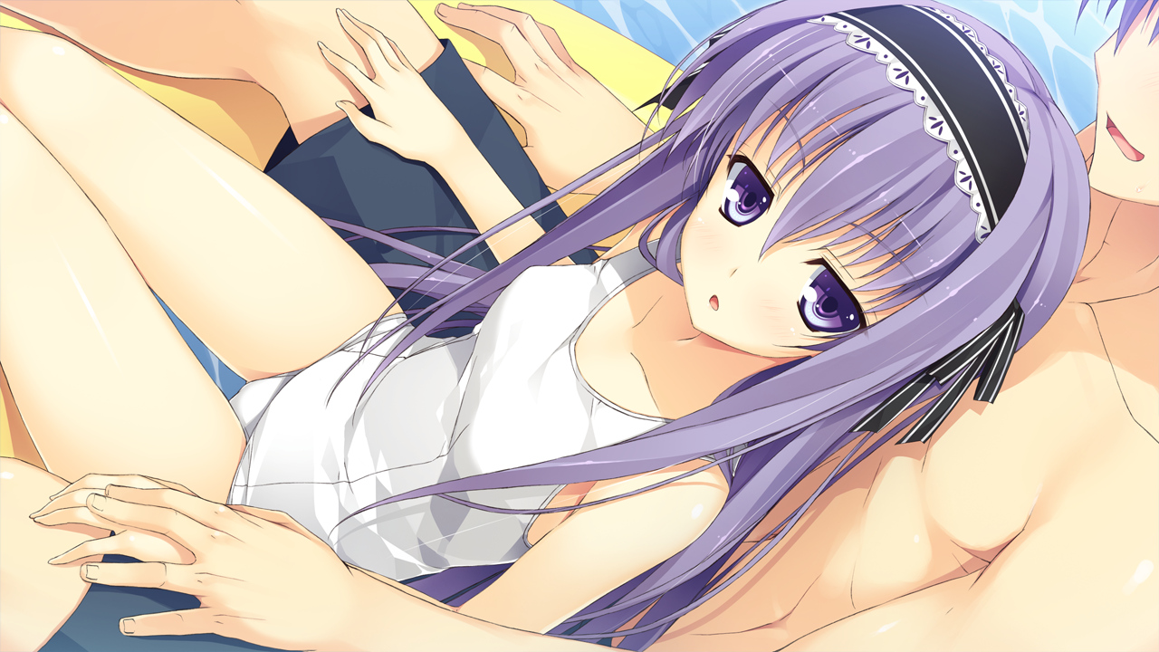 blush, fujimori_kaname, fujimori_yuu, game_cg, koikishi_purely_kiss, long_hair, purple_eyes, purple_hair, school_swimsuit, swimsuit, water, yuuki_hagure