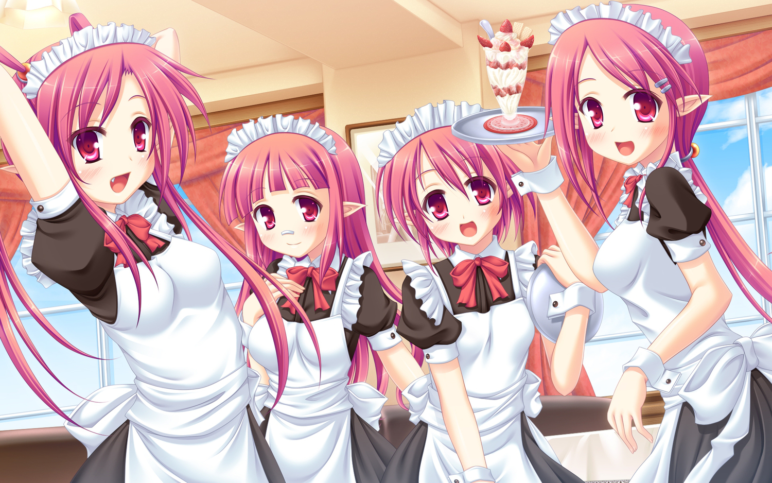 apron, bandaid, blush, bow, dungeon_and_fighter, fang, female_mage_(dnf), food