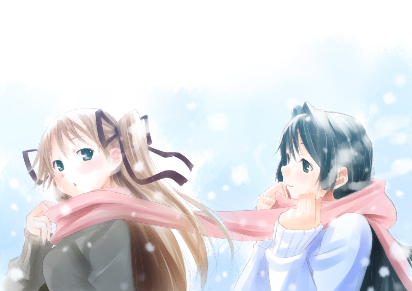 blue_eyes, blue_hair, brown_hair, kanon, long_hair, minase_nayuki, sawatari_makoto, scarf, snow, twintails, wadapen