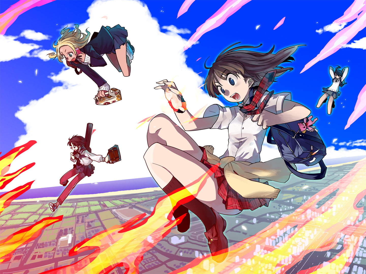 chiba_tsuru, clouds, fire, original, school_uniform, sky