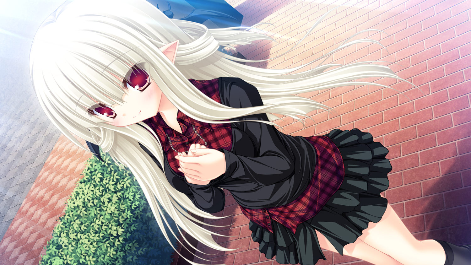 filia_(lunaris_filia), game_cg, kneehighs, long_hair, lunaris_filia, mikagami_mamizu, necklace, pointed_ears, red_eyes, whirlpool, white_hair