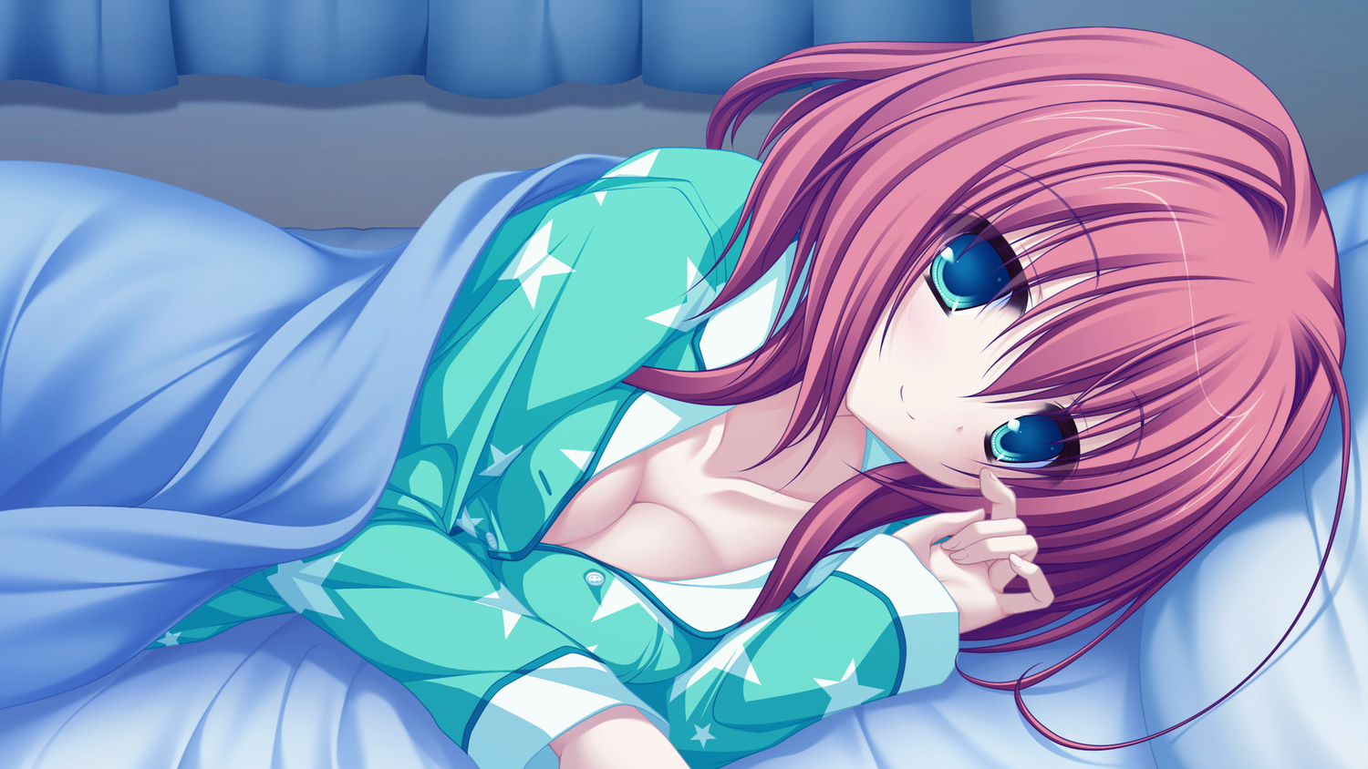 bed, breasts, cleavage, game_cg, green_eyes, hayami_mai, lunaris_filia, mikagami_mamizu, pajamas, red_hair, short_hair, whirlpool