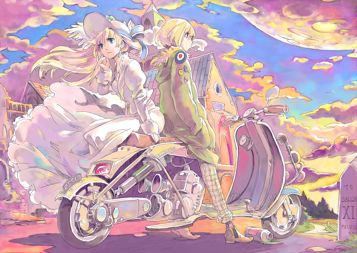 blonde_hair, blue_eyes, cigarette, dress, hat, motorcycle, original, risa_hibiki