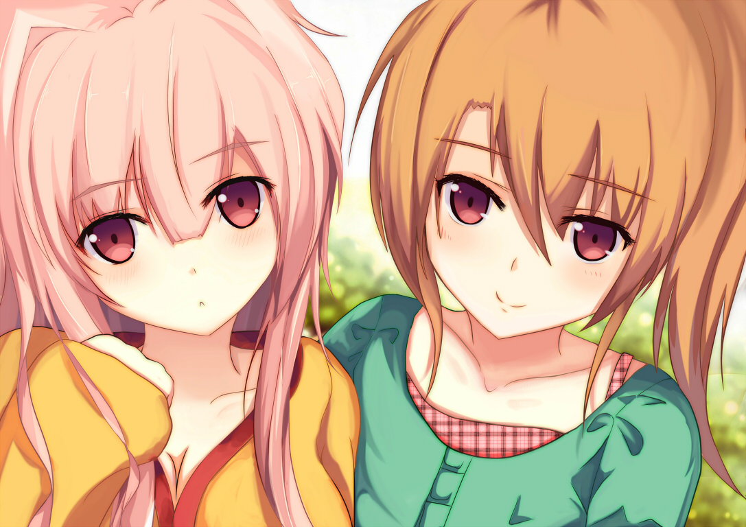 2girls, blush, breasts, brown_hair, cleavage, long_hair, original, pini, pink_eyes, pink_hair, ponytail