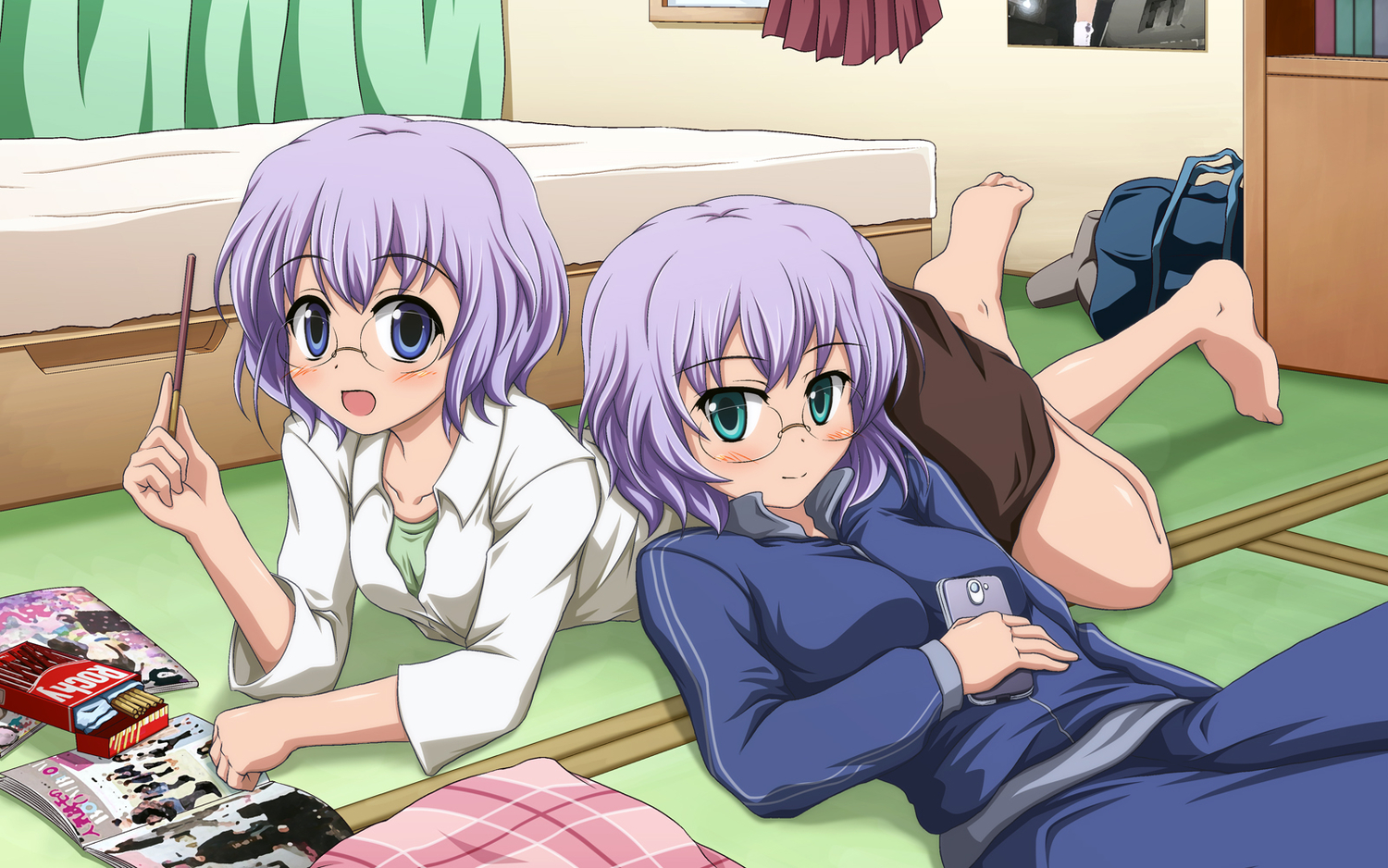 blue_eyes, book, food, glasses, green_eyes, ikeda_chitose, ikeda_chizuru, phone