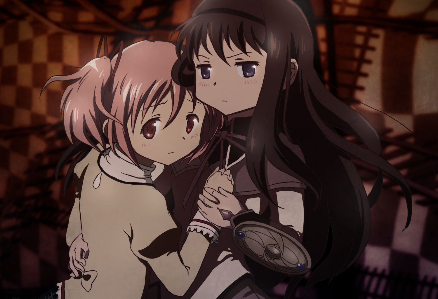 2girls, akemi_homura, bagoflimbs, black_hair, blush, kaname_madoka, mahou_shoujo_madoka_magica, pink_eyes, pink_hair, purple_eyes, twintails