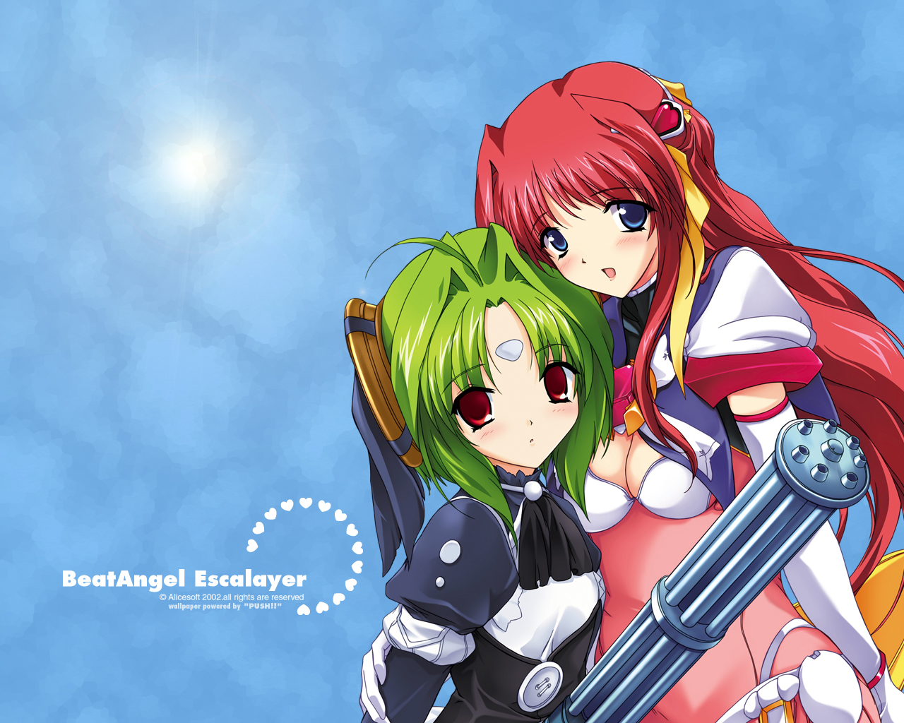 2girls, alice_soft, beat_angel_escalayer, blue_eyes, blush, breasts, cleavage, elbow_gloves