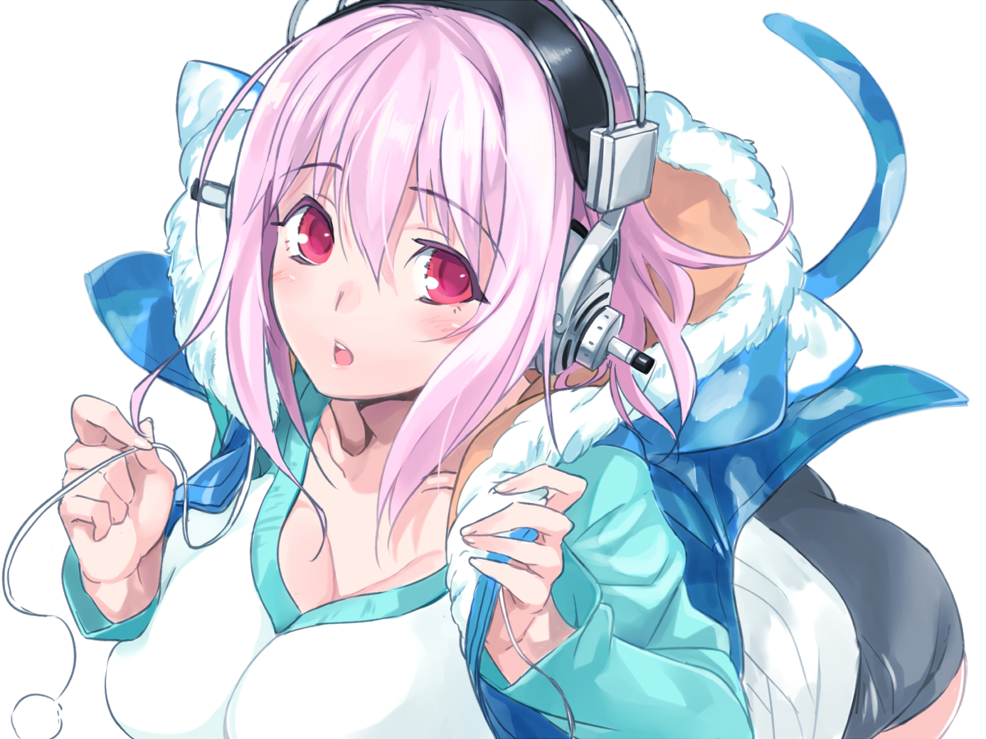breasts, cleavage, headphones, hood, nana_g, nitroplus, pink_hair, sonico, super_sonico