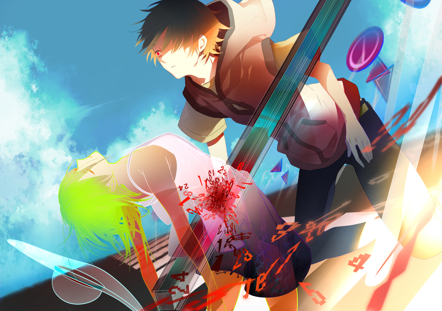 amamiya_hibiya, asahina_hiyori, blood, brown_hair, clouds, green_hair, hat, heat-haze_days_(vocaloid)