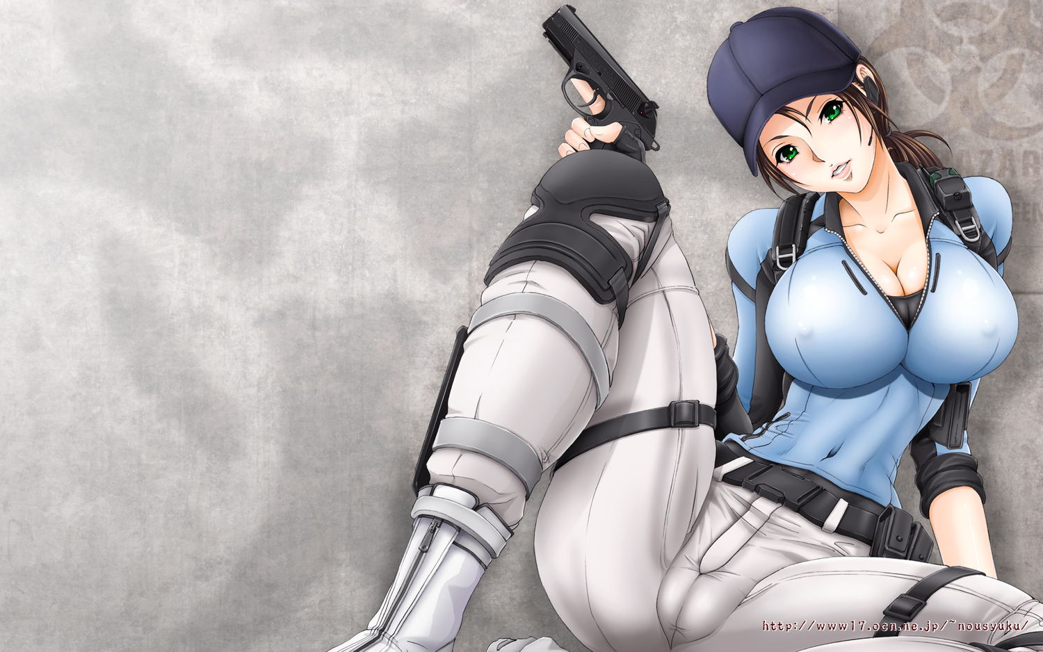 breasts, brown_hair, capcom, cleavage, green_eyes, gun, jill_valentine, ponytail