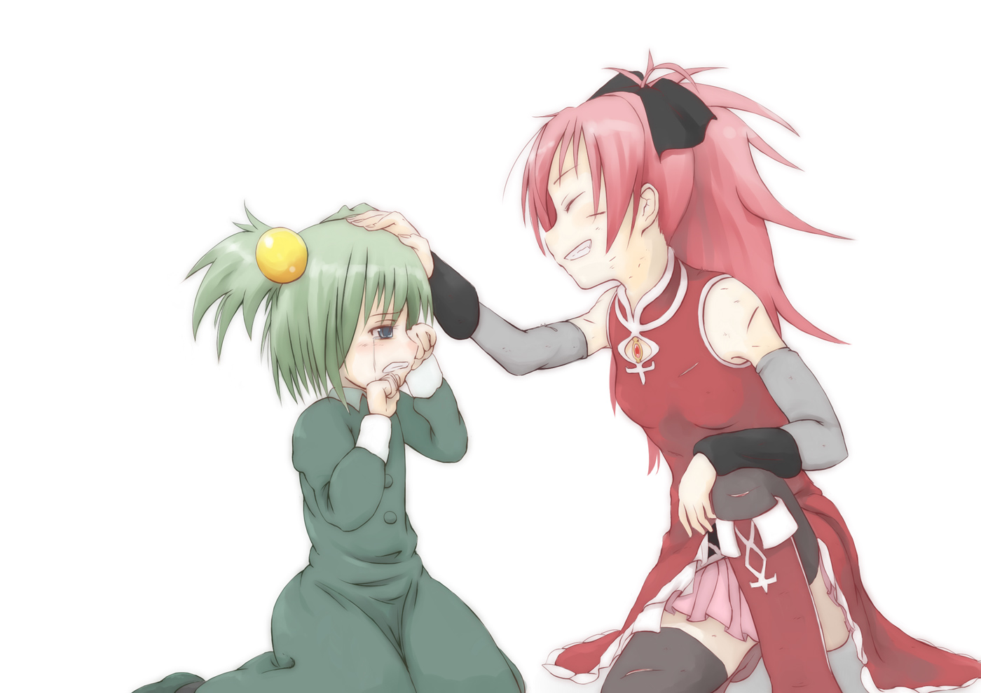 2girls, boots, bow, chitose_yuma, crying, dress, green_hair, loli, long_hair, mahou_shoujo_madoka_magica, ponytail, red_hair, sakura_kyouko, short_hair, tears, white
