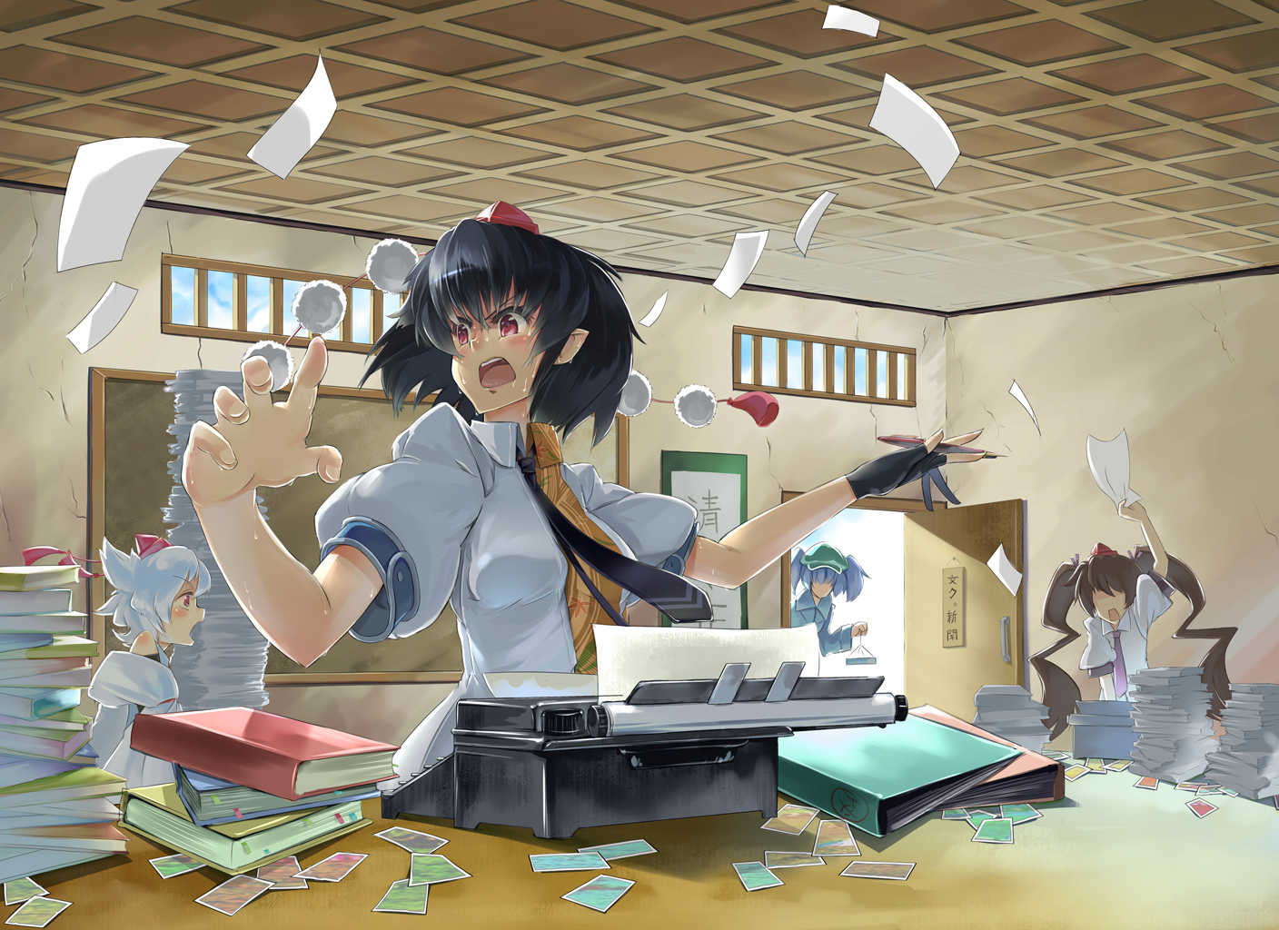 animal_ears, book, gloves, hat, himekaidou_hatate, inubashiri_momiji, kawashiro_nitori, liking