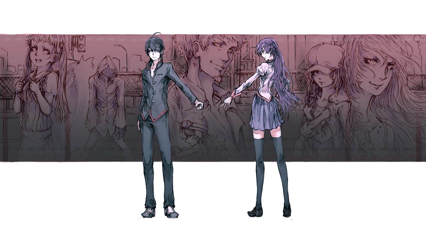 araragi_koyomi, bakemonogatari, hachikuji_mayoi, kanbaru_suruga, kurkoboltski, male, monogatari_(series), oshino_meme, oshino_shinobu, purple_hair, school_uniform, sengoku_nadeko, senjougahara_hitagi, tagme_(character), thighhighs, vampire