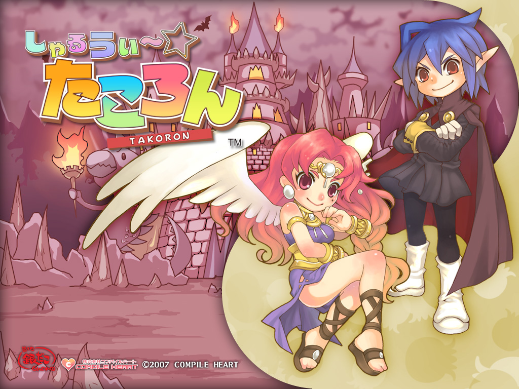 angel, angelique, blue_hair, blush, braids, compile_heart, demon, dress, exult, long_hair, orange_hair, pink_eyes, pointed_ears, red_eyes, red_hair, short_hair, takoron, wings