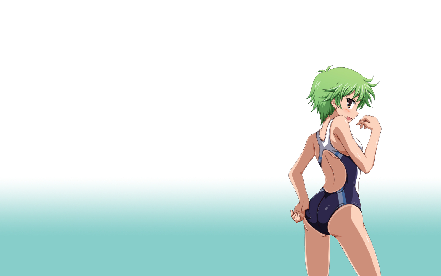 baka_to_test_to_shoukanjuu, blush, brown_eyes, fang, gradient, green_hair, kudou_aiko, shira-nyoro, short_hair, swimsuit