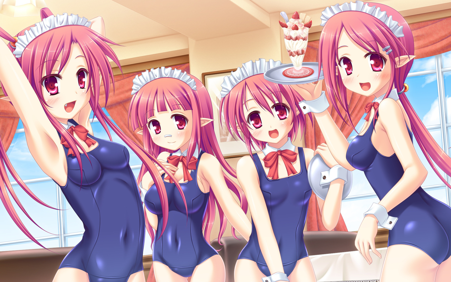 blush, bow, choker, dungeon_and_fighter, fang, female_mage_(dnf), food, fruit