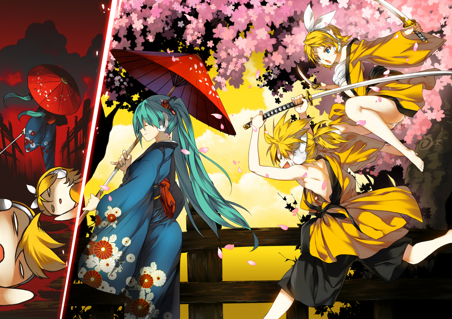 hatsune_miku, japanese_clothes, kagamine_len, kagamine_rin, katana, male, ress, sarashi, sword, twintails, umbrella, underwear, vocaloid, weapon