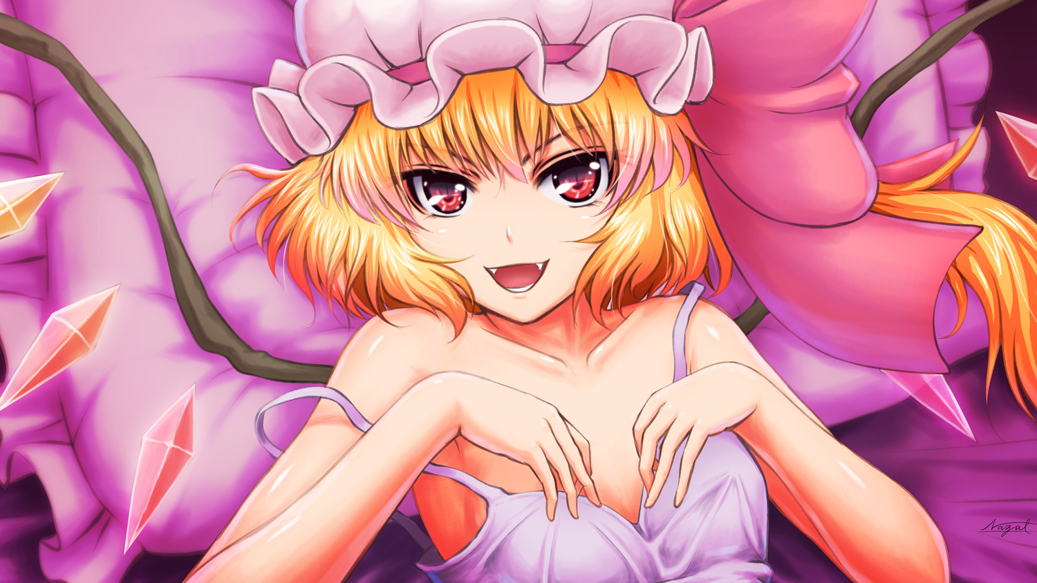 blonde_hair, close, fang, flandre_scarlet, hat, long_hair, nazal, red_eyes, signed, touhou, vampire