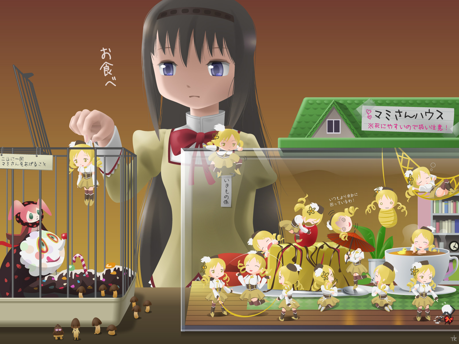 akemi_homura, black_hair, blonde_hair, boots, bow, charlotte_(mahou_shoujo_madoka_magica), drink, food, hat, headband, long_hair, mahou_shoujo_madoka_magica, nametake_(nametake), purple_eyes, school_uniform, thighhighs, tomoe_mami, yellow_eyes