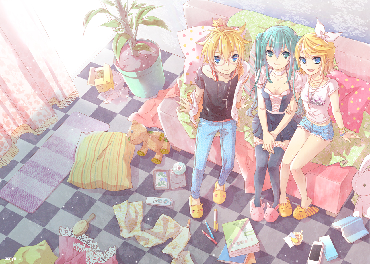 blonde_hair, breasts, cleavage, couch, glasses, green_hair, hatsune_miku, kagamine_len