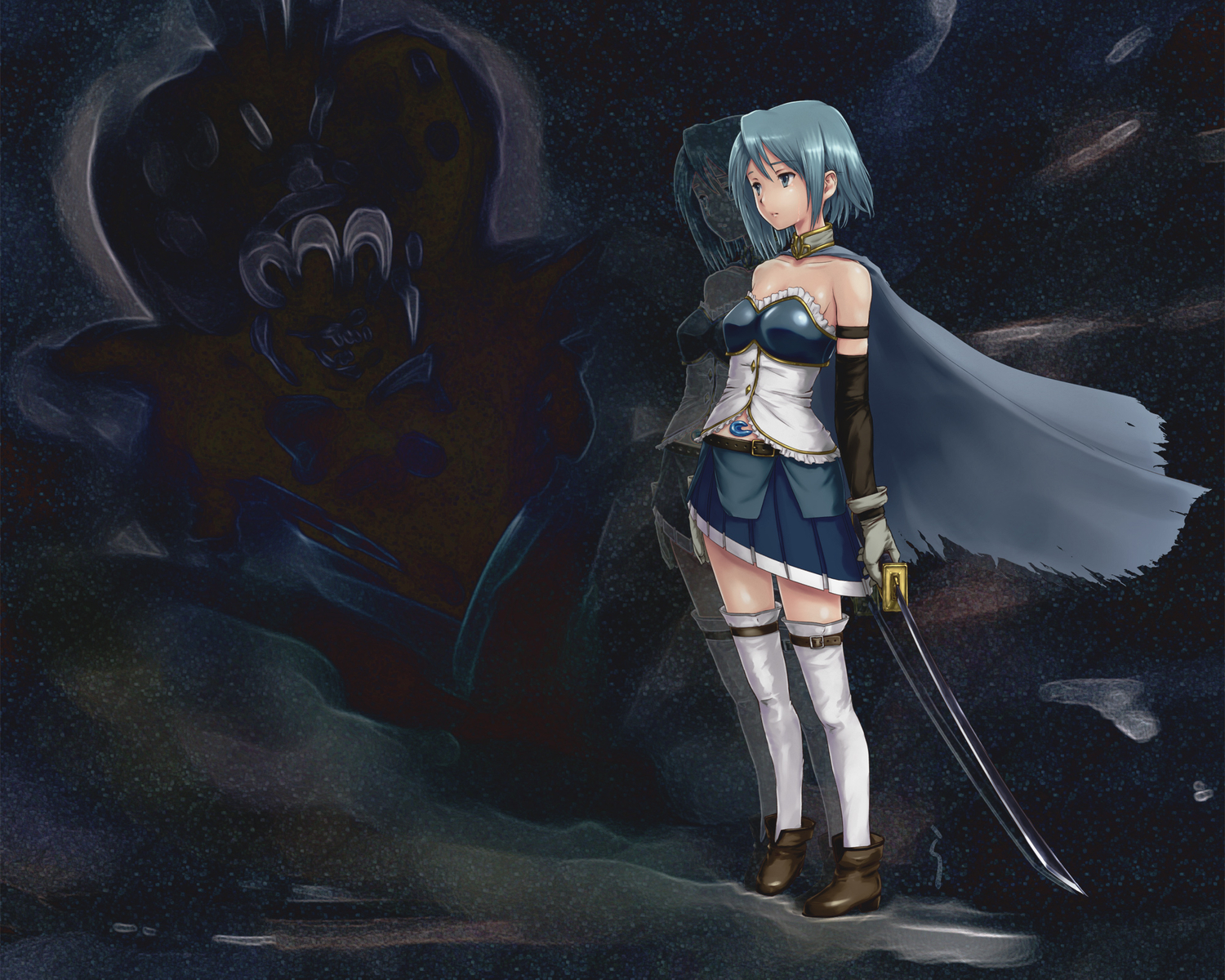 blue_eyes, blue_hair, boots, cape, choker, gloves, katana, mahou_shoujo_madoka_magica
