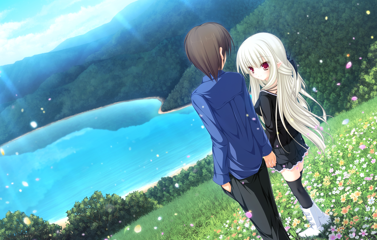 clouds, filia_(lunaris_filia), flowers, game_cg, grass, long_hair, lunaris_filia, mikagami_mamizu