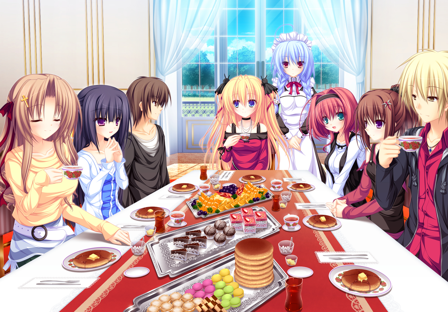 braids, cake, drink, food, fruit, game_cg, group, hayami_mai, headband, kotoharu_kanon, lunaris_filia, maid, male, melis, mikagami_mamizu, minase_yukari, ribbons, sylvia_luna_infinitus, tagme_(character), uesugi_masatora, uesugi_tatsumi, whirlpool