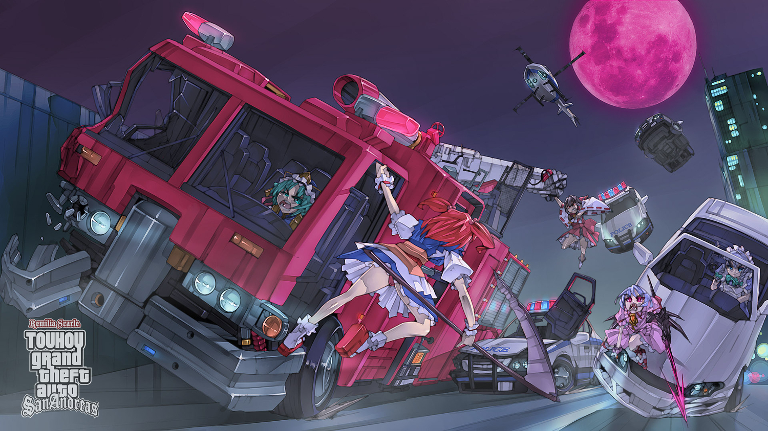 aircraft, building, car, g.haruka, grand_theft_auto, group, hakurei_reimu, izayoi_sakuya