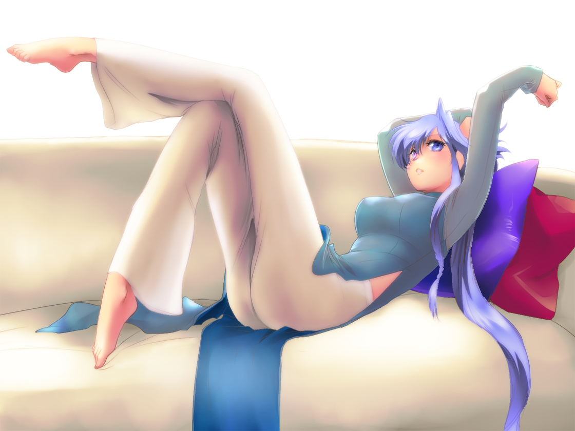 barefoot, bicolored_eyes, blue_eyes, blue_hair, long_hair, original, purple_eyes, yagisaka_seto