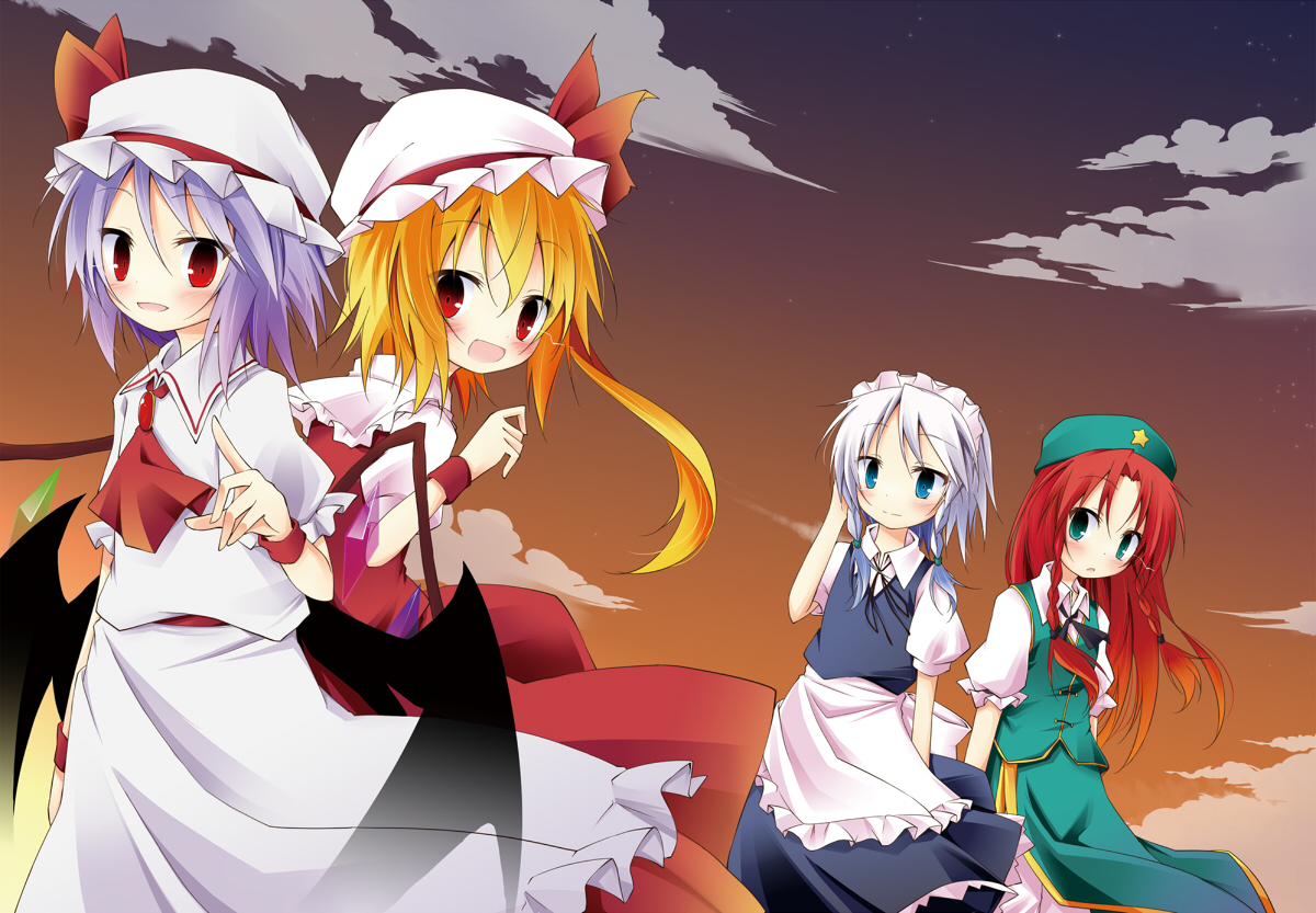 dress, flandre_scarlet, hat, hong_meiling, ichihina, izayoi_sakuya, maid, red_eyes