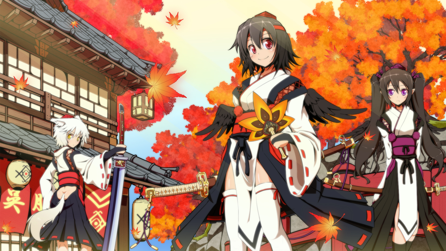 animal_ears, autumn, himekaidou_hatate, inubashiri_momiji, japanese_clothes, mueojisan, pointed_ears, shameimaru_aya, tail, touhou, wings, wolfgirl