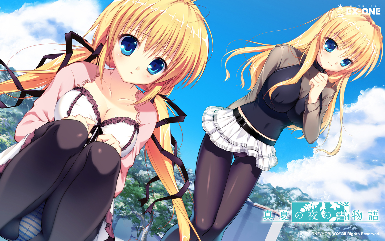2girls, blonde_hair, blue_eyes, breasts, cleavage, ex-one, kazamatsuri_koromo, kazamatsuri_mana, long_hair, manatsu_no_yoru_no_yuki_monogatari, mikeou, panties, pantyhose, twins, underwear